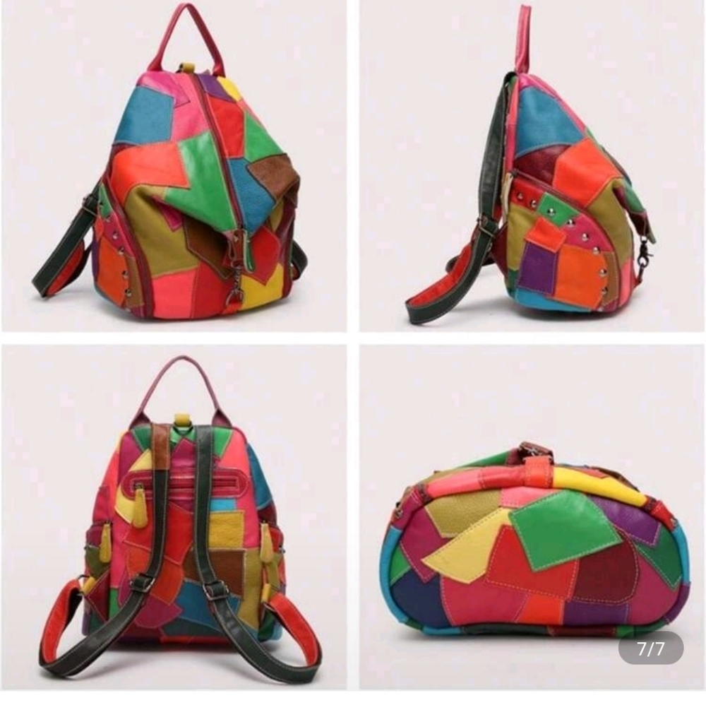 Colorful Patchwork Leather Backpack Purse - image 1